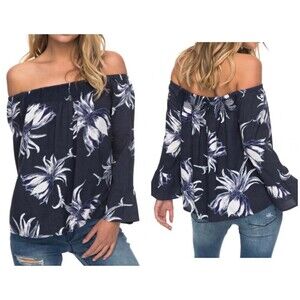 ROXY Blue/White Floral Off shoulder top  Bell Sleeve Size Small/S